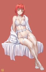 Rule 34 | 1girl, bed, bra, braid, braided ponytail, chainsaw man, feet, finalcake, garter belt, garter straps, highres, lace, lace-trimmed bra, lace-trimmed legwear, lace-trimmed panties, lace bra, lace panties, lace trim, legs, looking at viewer, makima (chainsaw man), no shoes, panties, red hair, ringed eyes, shirt, short hair, sitting, thighhighs, toes, underwear, white panties, white shirt, white thighhighs, yellow eyes