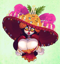 Rule 34 | 1girl, breasts, carmessi, facepaint, flower, hair flower, hair ornament, hands on own chest, hat, highres, la muerte, large breasts, lipstick, makeup, sombrero, the book of life
