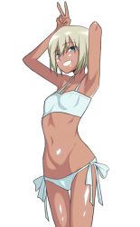 Rule 34 | 1girl, absurdres, armpits, bikini, blonde hair, blue eyes, blush, breasts, cameltoe, cleft of venus, erica hartmann, female focus, grin, highres, looking at viewer, minami (y-r-h998d), short hair, side-tie bikini bottom, simple background, small breasts, smile, solo, strike witches, swimsuit, tan, v, white background, white bikini, world witches series