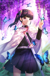 Rule 34 | 1girl, bad id, bad pixiv id, black hair, black jacket, black skirt, blunt bangs, blurry, blurry background, bug, butterfly, butterfly hair ornament, butterfly on hand, cape, closed mouth, cowboy shot, flower, hair ornament, highres, insect, jacket, kimetsu no yaiba, long hair, long sleeves, miniskirt, pink eyes, pleated skirt, plus1024, sheath, sheathed, side ponytail, skirt, smile, solo, standing, sword, too many, too many butterflies, tsuyuri kanao, weapon, white cape, wisteria