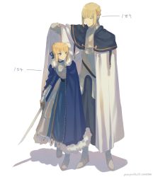 Rule 34 | 1boy, 1girl, ahoge, aosora aoi, artoria pendragon (fate), bad id, bad pixiv id, bedivere (fate), blonde hair, blue cape, blue eyes, cape, cross, closed eyes, fate/grand order, fate/stay night, fate (series), full body, gloves, height chart, ponytail, saber (fate), watermark, white background, white cape