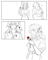 Rule 34 | 2girls, bocchi the rock!, closed eyes, closed mouth, collared shirt, commentary, flower, gotoh hitori, heart, highres, holding, holding flower, hood, hoodie, kita ikuyo, long hair, multiple girls, one side up, open mouth, parted lips, red flower, red rose, rose, salt66666, shirt, short sleeves, smile, watch, wristwatch, yuri