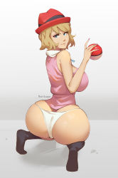 Rule 34 | 1girl, ass, bare shoulders, blue eyes, breasts, brown hair, come hither, creatures (company), from behind, game freak, hat, holding, holding poke ball, huge ass, kneeling, large breasts, looking at viewer, looking back, nail polish, nintendo, phat smash, poke ball, pokemon, pokemon (anime), pokemon xy (anime), serena (pokemon), shiny skin, short hair, sideboob, smile, solo, thong