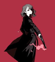 Rule 34 | 1girl, black coat, black eyes, bob cut, bright pupils, closed mouth, coat, eyepatch, from side, gogalking, grey hair, gun, highres, holding, holding gun, holding weapon, long sleeves, one eye covered, original, pale skin, red background, simple background, smoke, smoking barrel, solo, suppressor, weapon, white pupils