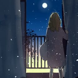Rule 34 | 1girl, brown hair, chiri yo, curtain grab, curtains, facing away, full moon, highres, holding, holding pillow, light particles, long hair, moon, night, nightgown, original, pillow, railing, sliding doors, solo, standing, white nightgown