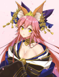 Rule 34 | 1girl, absurdres, animal ear fluff, animal ears, bare shoulders, bell, blue ribbon, blush, breasts, cleavage, collarbone, crown, fate/grand order, fate (series), fox ears, fox girl, hair ribbon, highres, large breasts, long hair, looking at viewer, official alternate costume, open mouth, pink background, qingchen (694757286), ribbon, simple background, solo, tamamo (fate), tamamo no mae (fate/extra), tamamo no mae (third ascension) (fate), very long hair