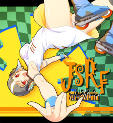 Rule 34 | 1girl, 47agdragon, :d, arched back, armband, armpits, ass, bare shoulders, blonde hair, blush, breasts, checkered background, copyright name, dress, facial mark, foreshortening, gum (jsr), helmet, inline skates, jet set radio, jumping, letterboxed, looking at viewer, looking back, medium breasts, open mouth, outstretched arms, panties, pantyshot, profile, red eyes, roller skates, sega, short dress, short hair, sideboob, skates, sleeveless, smile, solo, spread arms, underwear, upside-down, white panties, wind, wind lift, wristband