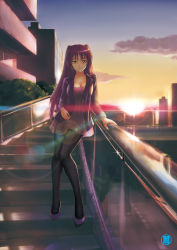 Rule 34 | 1girl, akai yami, black pantyhose, blouse, breasts, building, cleavage, cloud, cloudy sky, high heels, highres, jewelry, kousaka tamaki, lens flare, long hair, long legs, looking at viewer, necklace, pantyhose, purple hair, shirt, shoes, sky, smile, solo, stairs, sunset, to heart (series), to heart 2, yellow eyes