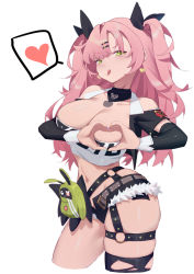 Rule 34 | 1girl, :q, absurdres, armband, black ribbon, black shorts, blush, breasts, chuxinzhe maochongchong, crop top, cropped legs, detached sleeves, earrings, green eyes, hair between eyes, hair ornament, hair ribbon, hairclip, heart, heart earrings, heart hands, highres, jewelry, large breasts, long hair, looking at viewer, mole, mole under eye, nail polish, navel, nicole demara, o-ring, pink hair, ribbon, shorts, simple background, skindentation, solo, spoken heart, thigh strap, tongue, tongue out, two side up, white background, zenless zone zero