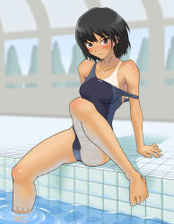 Rule 34 | 1girl, amagami, argon (argon18), arm support, bad id, bad pixiv id, bare shoulders, barefoot, black hair, blush, brown eyes, brown hair, caustics, competition swimsuit, feet, frown, looking at viewer, nanasaki ai, one-piece swimsuit, one-piece tan, pool, poolside, reflection, short hair, sitting, soaking feet, solo, spread legs, strap slip, swimsuit, tan, tanline, water