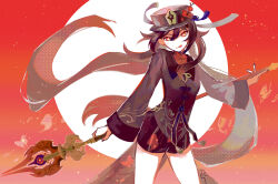 Rule 34 | 1girl, :q, absurdly long hair, bare legs, black hat, black nails, black shirt, black shorts, brown hair, commentary, english commentary, feet out of frame, flower, flower-shaped pupils, genshin impact, hat, hat flower, highres, holding, holding staff, hu tao (genshin impact), long hair, long sleeves, nail polish, plum blossoms, porkpie hat, red background, red eyes, red flower, shirt, shorts, simple background, solo, staff, staff of homa (genshin impact), sun, symbol-shaped pupils, tatata taira, tongue, tongue out, twintails, very long hair