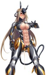 Rule 34 | 00s, 1girl, abs, alca steele, armor, blush, breasts, brown hair, cleavage, cyborg, covered erect nipples, female focus, highres, large breasts, long hair, looking at viewer, navel, parted lips, red eyes, shindol, solo, standing, tail, taimanin (series), taimanin asagi, taimanin asagi kessen arena, very long hair