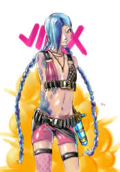 Rule 34 | 1girl, belt, blue hair, braid, hair over one eye, highres, jinx (league of legends), league of legends, long hair, pink eyes, shorts, solo, tattoo, thighhighs, twintails