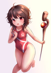 Rule 34 | 1girl, absurdres, bad id, bad pixiv id, barefoot, black hair, breasts, cleavage, commentary request, competition swimsuit, gradient background, grey background, hammer and sickle, hand on own chest, highres, kono subarashii sekai ni shukufuku wo!, leaning forward, lndrmnn, looking at viewer, medium breasts, megumin, one-piece swimsuit, red eyes, red one-piece swimsuit, short hair, solo, staff, standing, swimsuit, white background