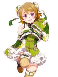 Rule 34 | 10s, 1girl, :d, blush, brown footwear, brown hair, chinese clothes, detached sleeves, dress, eyebrows, frills, head tilt, izumi k rukawa, koizumi hanayo, leg up, looking at viewer, love live!, love live! school idol festival, love live! school idol project, open mouth, shoes, smile, solo, thighhighs, w