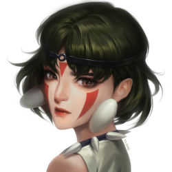 Rule 34 | 1girl, artist name, blood, blood on face, brown hair, circlet, earrings, facepaint, facial mark, forehead mark, highres, jewelry, kacheong, lips, looking at viewer, looking back, mononoke hime, necklace, parted bangs, portrait, san (mononoke hime), shirt, short hair, sleeveless, sleeveless shirt, solo, tooth necklace, white background, white shirt