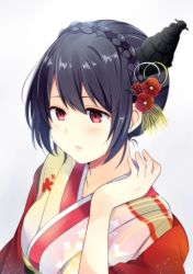 Rule 34 | 10s, 1girl, alternate costume, bad id, bad pixiv id, black hair, blush, braid, flower, from above, fusou (kancolle), hair flower, hair ornament, hair up, haori, highres, japanese clothes, kantai collection, kimono, long hair, obi, parted lips, red eyes, sash, simple background, solo, upper body, yukichi (eikichi)