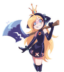 Rule 34 | 1girl, axe, bare shoulders, black dress, black footwear, blonde hair, blue eyes, boots, bracelet, brooch, crown, dress, elbow gloves, gloves, grin, highres, holding, holding axe, hooded dress, jewelry, long hair, looking at viewer, mario (series), mario power tennis, mario tennis, nintendo, over shoulder, simple background, smile, solo, spiked bracelet, spikes, teeth, thigh boots, warupeach, weapon, weapon over shoulder, white background, xxfaylinnxx