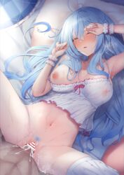 Rule 34 | 1boy, 1girl, ahoge, blue hair, blue pubic hair, blush, breasts, camisole, censored, collarbone, colored pubic hair, colored tips, covered erect nipples, cum, cum in pussy, elf, female pubic hair, hair between eyes, hair ornament, heart, heart ahoge, hetero, highres, hololive, ichi-go, large breasts, long hair, lying, missionary, multicolored hair, navel, nipples, on back, one breast out, one eye closed, open mouth, cum overflow, pillow, pointy ears, pubic hair, see-through, sex, solo focus, spread legs, streaked hair, sweat, vaginal, virtual youtuber, white camisole, wrist cuffs, yellow eyes, yukihana lamy