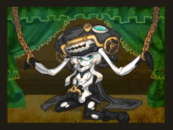 Rule 34 | 10s, 1girl, abyssal ship, bdsm, bodysuit, bondage, bound, cape, chain, chained, chain, chaki (teasets), collar, colored skin, commentary request, gloves, green eyes, kantai collection, looking at viewer, restrained, sidelocks, sitting, solo, tentacles, torn clothes, wariza, white hair, white skin, wo-class aircraft carrier