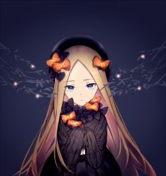 Rule 34 | 1girl, abigail williams (fate), black background, black bow, black dress, black hat, blonde hair, blue eyes, bow, bug, butterfly, dress, fate/grand order, fate (series), forehead, glowing, hair bow, hands up, hat, head tilt, insect, long hair, long sleeves, looking at viewer, orange bow, parted bangs, parted lips, polka dot, polka dot bow, sleeves past fingers, sleeves past wrists, solo, very long hair, zhi (yammycheese)