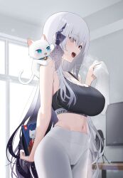 Rule 34 | 1girl, absurdres, bell, bow, breasts, cameltoe, cat, grey pants, highres, indie virtual youtuber, indoors, large breasts, long hair, navel, off shoulder, open mouth, panties, pants, red eyes, ri qing, sidelocks, smile, solo, sports bra, sweat, television, towel, underwear, virtual youtuber, white cat, white hair, white panties, yoga pants