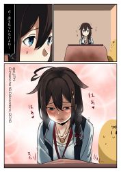 Rule 34 | 2018, absurdres, antenna hair, blue eyes, blush, braid, braided ponytail, hair between eyes, heart, highres, jewelry, kantai collection, medium hair, necklace, shigure (kancolle), side ponytail, single braid, solo, sweat, translation request, vi3r6ein