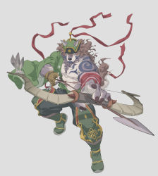 Rule 34 | 1boy, abs, animal ears, bara, bare pectorals, beige fur, bow (weapon), brown hair, chest hair, chest tattoo, drawing bow, facial hair, fang, fighting stance, foreshortening, full body, furry, furry male, goatee, green kimono, grey background, hadanugi dousa, hair between eyes, highres, holding, holding bow (weapon), holding weapon, japanese clothes, kimono, large pectorals, male focus, mature male, muscular, muscular male, nipples, open clothes, open kimono, pectorals, rollingstonex6, short hair, sideburns, solo, stomach, tattoo, temujin (housamo), tokyo houkago summoners, weapon, wind, wolf boy, wolf ears
