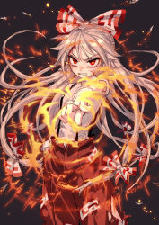 Rule 34 | 1girl, angry, bow, clenched teeth, cuts, fire, fkey, fujiwara no mokou, grey background, hair bow, highres, injury, long hair, ofuda, pants, pointing, pointing at viewer, red eyes, red pants, shirt, simple background, solo, suspenders, teeth, torn clothes, torn pants, touhou, very long hair, white bow, white hair, white shirt