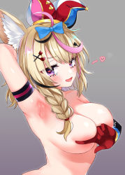 Rule 34 | 1girl, ahoge, animal ear fluff, animal ears, arm support, armlet, armpits, blonde hair, blue bow, blush, bow, braid, breasts, covering privates, covering breasts, covering nipples, facial mark, festa11307070, fox ears, fox girl, gloves, hair between eyes, hair bow, hair ornament, hair over shoulder, hairclip, hat, heart, heart-shaped pupils, hololive, jester cap, long hair, looking at viewer, multicolored hair, omaru polka, omaru polka (1st costume), open mouth, pink hair, presenting armpit, purple eyes, side braid, smile, solo, spoken heart, streaked hair, symbol-shaped pupils, tilted headwear, virtual youtuber, x hair ornament