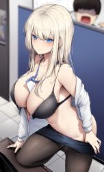 Rule 34 | 1boy, 1girl, between breasts, black bra, black pantyhose, blonde hair, blue eyes, blush, bra, breasts, cleavage, clothes pull, ddangbi, faceless, faceless male, highres, id card, knee up, large breasts, looking at viewer, navel, off shoulder, office lady, open bra, open clothes, original, pantyhose, pantyhose pull, partially undressed, pencil skirt, skirt, skirt pull, solo focus, thighs, underwear, undone bra