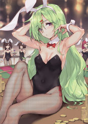 Rule 34 | 4girls, animal ears, arm behind head, armpits, bare shoulders, black leotard, bow, bowtie, breasts, cleavage, coin, covered navel, detached collar, eyes visible through hair, fake animal ears, fishnet pantyhose, fishnets, green hair, hair between eyes, haoni, highres, leotard, long hair, looking at viewer, multiple girls, pantyhose, purple eyes, rabbit ears, red bow, red bowtie, sitting, small breasts, you can eat the girl