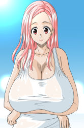 Rule 34 | 1girl, bare shoulders, breast hold, breasts, covered erect nipples, female focus, huge breasts, long hair, no bra, okita kyouko, okusan, pink eyes, pink hair, shirt, solo, standing, takaibiki, upper body, wet, wet clothes, wet shirt