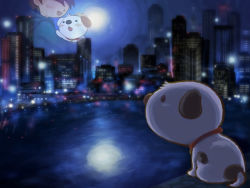 Rule 34 | 1boy, character request, charo, city, dog, little charo, lonely, male focus, moon, night, outdoors, projected inset, sad, shota (little charo), sky, solo, sumi no hito