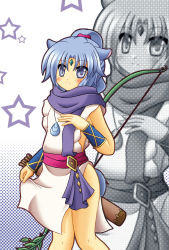 Rule 34 | 10s, 1girl, animal ears, bare legs, bow (weapon), commentary request, dog days, forehead jewel, fujii-tei, highres, horse ears, horse girl, horse tail, ponytail, purple eyes, scarf, sharu (dog days), solo, tabard, tail, weapon