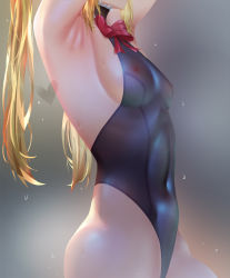 Rule 34 | 1girl, armpits, blonde hair, blue one-piece swimsuit, bodypaint, breasts, dead or alive, h.carrrrrrot, highres, leotard, long hair, marie rose, nipples, one-piece swimsuit, painted clothes, red ribbon, ribbon, see-through, sideboob, small breasts, solo, swimsuit, twintails, wet