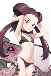 Rule 34 | 1girl, armpits, bare arms, bikini, black bikini, black choker, blush, breasts, brown hair, choker, closed mouth, cowboy shot, creatures (company), earrings, eyelashes, flat chest, game freak, gazing eye, gen 8 pokemon, gradient background, hair rings, hands up, highres, jewelry, long hair, looking at viewer, mixed-language commentary, navel, nintendo, official alternate costume, pink eyes, pokemon, pokemon (creature), pokemon masters ex, roxanne (fall 2023) (pokemon), roxanne (pokemon), runerigus, side-tie bikini bottom, small breasts, smile, swimsuit, toned, tongue, tongue out, twintails