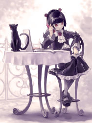 Rule 34 | 1girl, animal, ascot, black cat, black hair, book, bug, butterfly, cat, cellphone, chair, computer, cross, dress, flower, frills, gokou ruri, gothic lolita, grey pantyhose, hairband, highres, insect, laptop, lolita fashion, long hair, mary janes, mole, mole under eye, open book, ore no imouto ga konna ni kawaii wake ga nai, pantyhose, phone, pomodorosa, red eyes, red flower, red rose, revision, rose, shoes, sitting, skirt, solo, table
