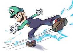 Rule 34 | 1boy, blue overalls, brown footwear, brown hair, commentary, facial hair, full body, gloves, green headwear, green shirt, highres, lightning, long sleeves, luigi, male focus, mario &amp; luigi rpg, mario (series), masanori sato (style), motion lines, mustache, nintendo, overalls, red socks, shirt, short hair, simple background, socks, solo, standing, standing on one leg, striped clothes, striped socks, white background, white gloves, white socks, ya mari 6363