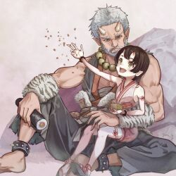 Rule 34 | 1boy, 1girl, baggy pants, bead necklace, beads, beans, beard, brown hair, chinese knot, facial hair, food, grey hair, highres, horns, japanese clothes, jewelry, kimono, mature male, muscular, necklace, old, old man, oni, original, pants, pointy ears, setsubun, sushi, yuri yone