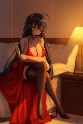 Rule 34 | 1girl, absurdres, ahoge, azur lane, bare shoulders, bed, black hair, black thighhighs, breasts, champagne flute, choker, cleavage, cocktail dress, collarbone, crossed arms, crossed legs, cup, drawer, dress, drinking glass, hair between eyes, hair ornament, high heels, highres, lamp, large breasts, long hair, looking at viewer, official alternate costume, red choker, red dress, red eyes, red footwear, revision, sidelocks, sitting, smile, solo, taihou (azur lane), taihou (forbidden feast) (azur lane), thighhighs, very long hair, wei xiao