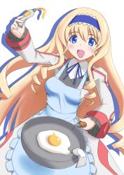 Rule 34 | 1girl, apron, blonde hair, blue eyes, bow, breasts, cecilia alcott, cooking, drill hair, egg, frying pan, hair bow, highres, infinite stratos, large breasts, long hair, looking at viewer, open mouth, school uniform, smile