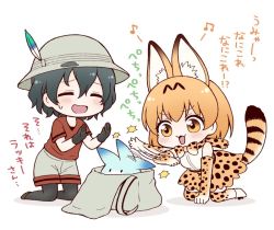 Rule 34 | 10s, 2girls, animal ears, backpack, bag, black gloves, black hair, black legwear, blush, bow, bowtie, bucket hat, chibi, closed eyes, commentary request, elbow gloves, gloves, hat, hat feather, high-waist skirt, in bag, in container, kaban (kemono friends), kemono friends, kneeling, lucky beast (kemono friends), migu (migmig), motion lines, multiple girls, open mouth, orange eyes, orange hair, pantyhose, red shirt, serval (kemono friends), serval print, serval tail, shirt, short hair, short sleeves, shorts, simple background, skirt, sleeveless, sleeveless shirt, striped tail, swatting, tail, thighhighs, translated, unworn backpack, unworn bag, white background