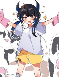 Rule 34 | 1girl, absurdres, aged down, animal, asymmetrical horns, black hair, blue hair, child, colored inner hair, cow, demon horns, hair ornament, highres, hololive, hololive english, horns, keisea, long hair, looking at viewer, mole, mole under eye, multicolored hair, nerissa ravencroft, red eyes, smile, solo, two-tone hair, uneven horns, virtual youtuber