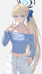 Rule 34 | 1girl, abs, absurdres, alternate costume, alternate hairstyle, bare shoulders, blonde hair, blue archive, blue bow, blue eyes, blue hair, blue nails, blue shirt, bow, braid, breasts, casual, closed mouth, collarbone, commentary request, contemporary, contrapposto, cowboy shot, denim, earrings, expressionless, french braid, grey background, hair bow, halo, halterneck, highres, jeans, jewelry, long hair, looking at viewer, medium breasts, midriff, multicolored hair, nail polish, navel, pants, ponytail, renge (730), shirt, simple background, solo, standing, streaked hair, stud earrings, thigh gap, toki (blue archive), v, very long hair