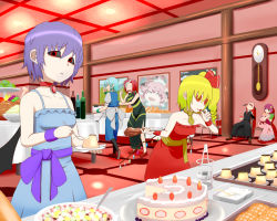 Rule 34 | 6+girls, :d, alternate costume, bad id, bad pixiv id, bandages, bare shoulders, bat wings, black sclera, blank eyes, blonde hair, blue dress, bow, braid, cake, clock, colored sclera, crescent, crescent hair ornament, crystal, dress, flandre scarlet, food, food on face, hair bow, hair ornament, hair ribbon, head wings, highres, hong meiling, indoors, izayoi sakuya, koakuma, looking at viewer, multiple girls, necktie, no headwear, no headwear, okahi, open mouth, painting (object), patchouli knowledge, pudding, puffy sleeves, purple hair, red dress, red eyes, red hair, red sclera, remilia scarlet, ribbon, sash, short hair, short sleeves, side ponytail, sitting, sleeveless, smile, strapless, strapless dress, tears, tongue, tongue out, touhou, twin braids, wall clock, wings, wrist cuffs, yukkuri shiteitte ne