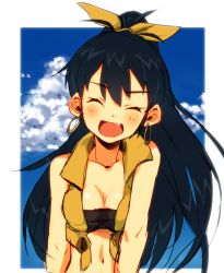 Rule 34 | 1girl, black hair, blush, breasts, cleavage, earrings, closed eyes, fang, ganaha hibiki, hoop earrings, idolmaster, idolmaster (classic), jewelry, long hair, midriff, navel, open mouth, ponytail, s.o chin, smile, solo, vest