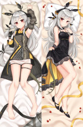 Rule 34 | 1girl, alternate costume, animal ears, arknights, bare legs, bare shoulders, barefoot, black choker, black dress, black footwear, black gloves, black ribbon, blush, breasts, brown dress, choker, closed mouth, dakimakura (medium), detached sleeves, dress, eyebrows hidden by hair, floral print, from above, full body, gloves, hair ribbon, twirling hair, highres, kurisu-kun, long hair, long sleeves, looking at viewer, looking up, low-tied long hair, low ponytail, lying, multiple views, on back, on bed, on side, petals, pillow, print dress, red eyes, ribbon, rose print, see-through, short dress, silver hair, single glove, skindentation, skirt hold, sleeveless, sleeveless dress, small breasts, tail, thigh strap, very long hair, weedy (arknights), wristband