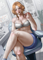 1girl absurdres artist_name beaker blush bra breasts brown_hair cabinet chair cleavage come_hither commission commissioner_upload computer computer_keyboard computer_mouse crossed_legs daiei_film denim denim_shorts dna gamera_(series) gamera_-rebirth- green_eyes hibren highres kadokawa laboratory medium_breasts melchiorri_emiko microscope muscular_arms muscular_legs name_tag no_shirt plant potted_plant scientist shorts signature sitting thick_thighs thighs underwear wide_hips