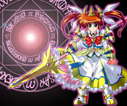 Rule 34 | 1girl, adapted costume, alternate weapon, armor, belt, belt buckle, blue eyes, bow, brown hair, buckle, card, fingerless gloves, gloves, kamen rider, kamen rider blade, kamen rider blade (series), lyrical nanoha, magazine (weapon), magic circle, magical girl, mahou shoujo lyrical nanoha, mahou shoujo lyrical nanoha a&#039;s, parody, purple eyes, raising heart, red bow, red hair, solo, takamachi nanoha, twintails, weapon, what